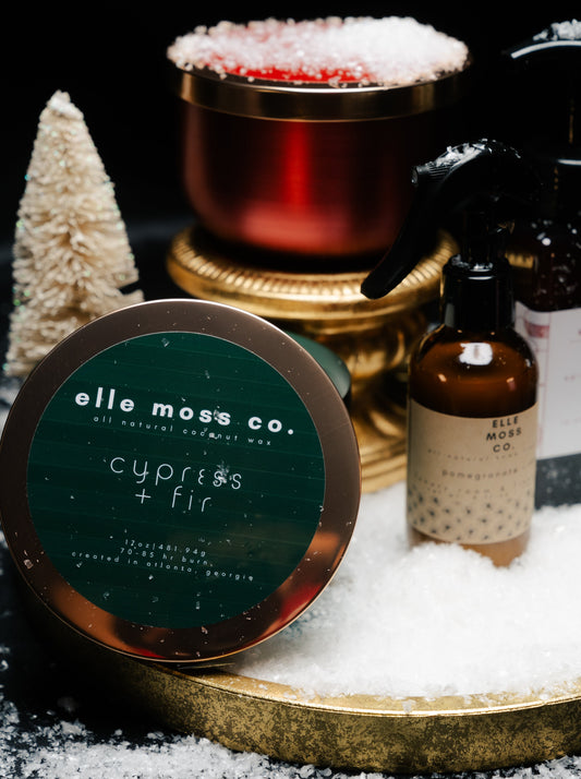cypress + fir 17oz candle in the holiday spirit for elle moss, co. 2023 holiday collection.